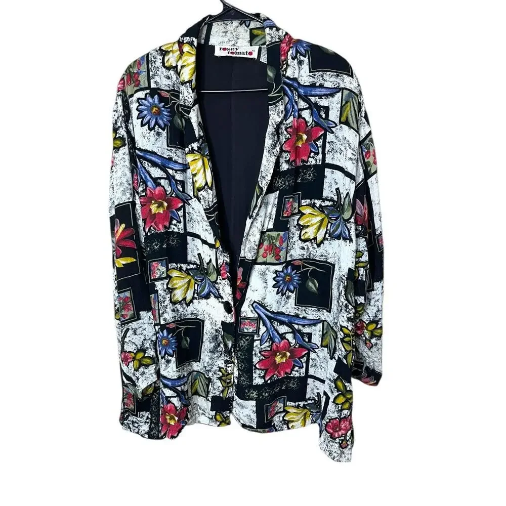 Rosey Tomato MultiColor Abstract Floral Print Button Front Long Sleeve Blazer 16